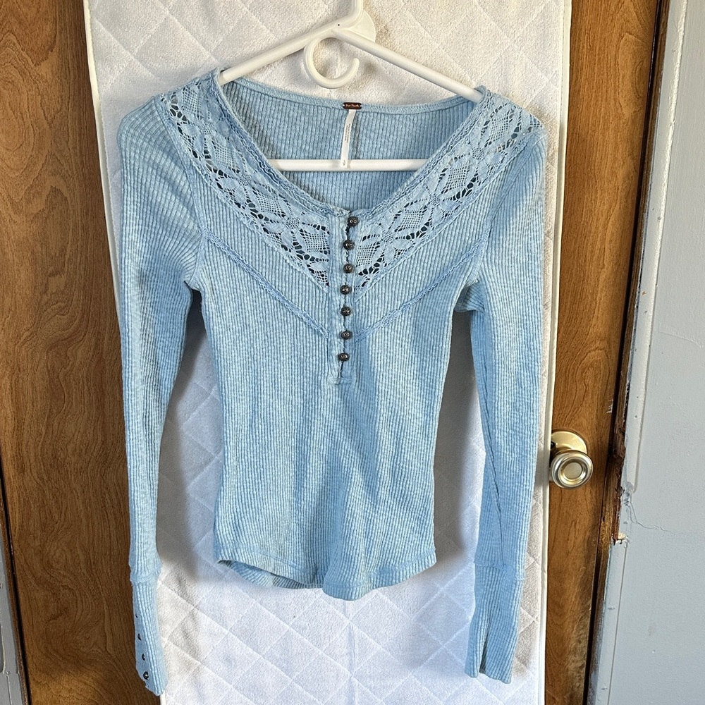 Free People Sky Blue Lace Long Sleeve Top